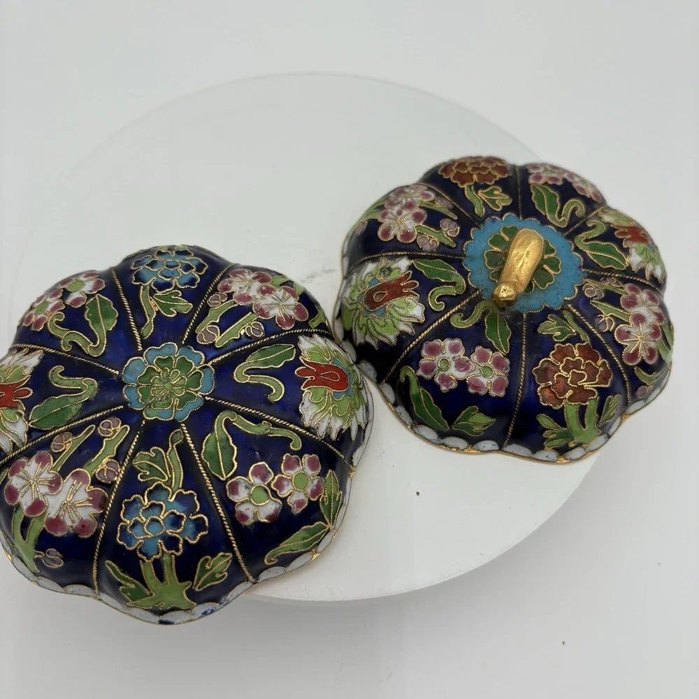 VTG Cloisonne Lidded Pumpkin Shaped Trinket Box China Blue Enamel‎ 3 1/2